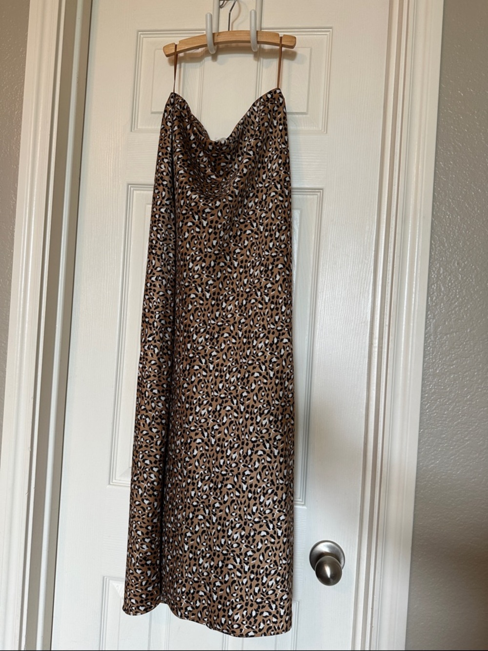 Leopard Print Cowl Neck Slip Skirt in Brown and Black